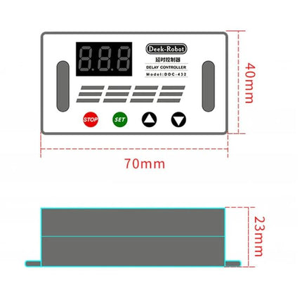 Deek-Robot Digital Delay Relay Switch for Time Control Applications - front panel dimensions 70x40mm and side depth 23mm, buttons and LED display