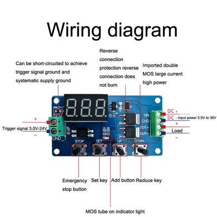 Deek-Robot Digital Delay Relay Switch for Time Control Applications wiring diagram showing terminals, display and buttons for time-based control