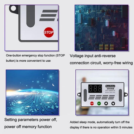 Deek-Robot Digital Delay Relay Switch for Time Control Applications showing display, STOP button, circuit board and feature icons