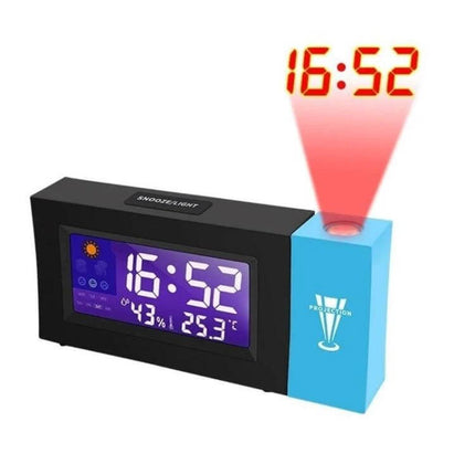 Electronic Colour Screen Weather Clock With Projection For Home showing color LCD, humidity & temp, and red projected time