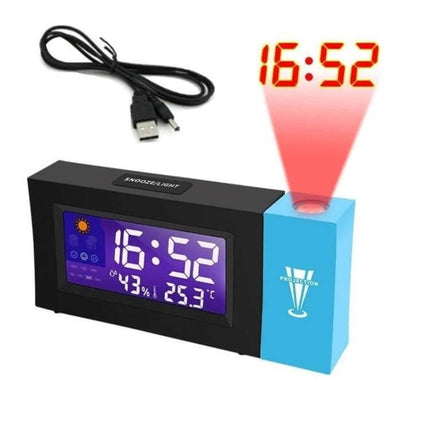 Electronic Colour Screen Weather Clock With Projection For Home showing color LCD, humidity/temp, calendar, alarm and USB cable