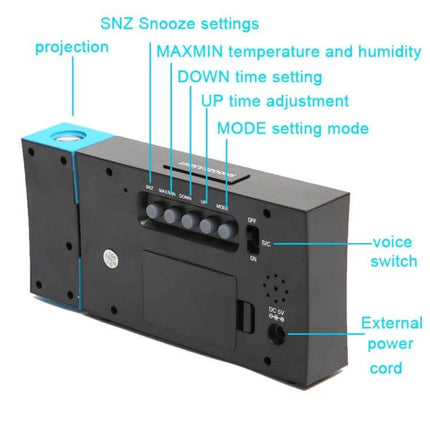 Electronic Colour Screen Weather Clock With Projection For Home showing rear controls projection head buttons battery compartment and USB power port