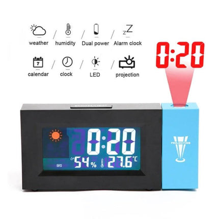 Electronic Colour Screen Weather Clock With Projection For Home showing color LCD, humidity, temperature, calendar, alarm and 180° projection