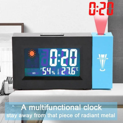 Electronic Colour Screen Weather Clock With Projection For Home showing color LCD time temperature humidity and red projection