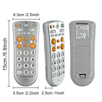 CHUNGHOP Infrared Learning Universal TV Remote for Versatile Control slim gray remote with orange buttons showing front side and back