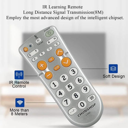 CHUNGHOP Infrared Learning Universal TV Remote for Versatile Control showing silver remote with large buttons and IR learning features