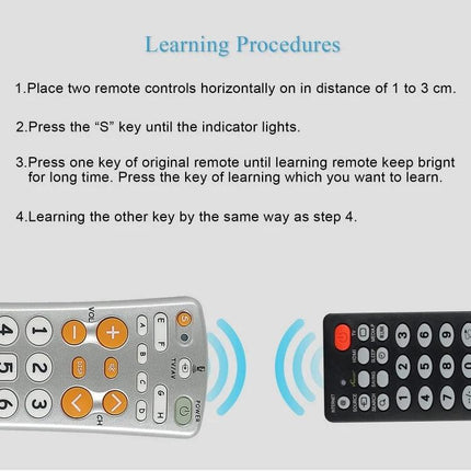 CHUNGHOP Infrared Learning Universal TV Remote for Versatile Control showing learning procedure with two remotes aligned and IR signals