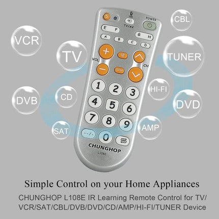 CHUNGHOP Infrared Learning Universal TV Remote for Versatile Control - Silver universal IR remote with numeric pad and device icons