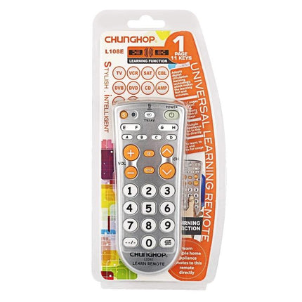 CHUNGHOP Infrared Learning Universal TV Remote for Versatile Control packaged one‑page remote with numeric buttons and orange accents