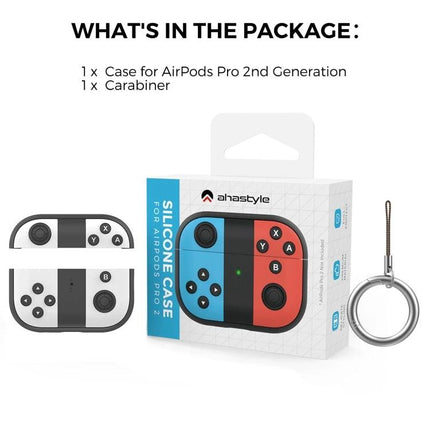 AhaStyle Silicone Case for Everyday Earphone Protection packaged set showing two-tone gamepad-style silicone cover and carabiner