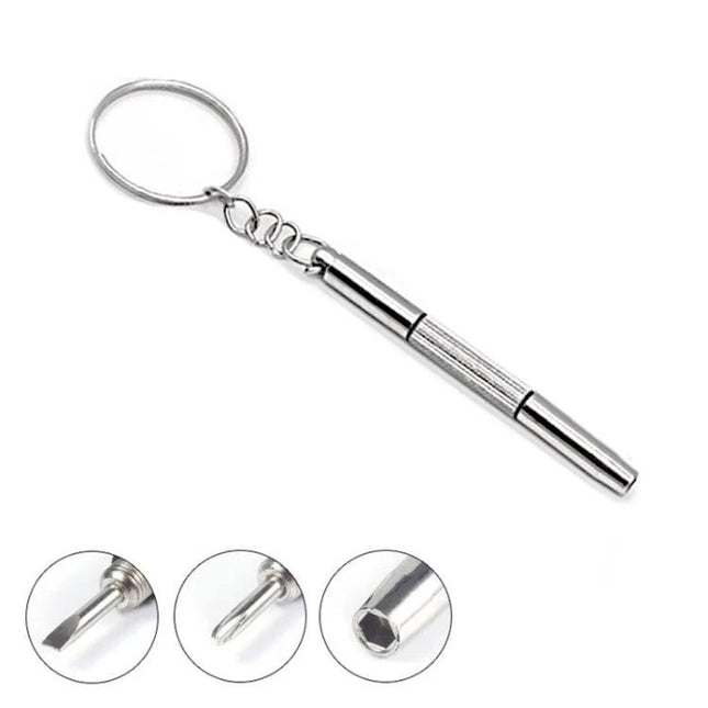Mini Screwdriver for Watch and Eyeglass Repairs, Multifunctional Design - Compact 3-in-1 metal keychain tool for precise watch and eyewear screw adjustments