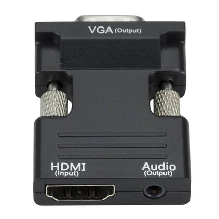 HDMI to VGA Adapter with Audio Cable for Video Conversion - black adapter showing HDMI input, VGA output and audio jack
