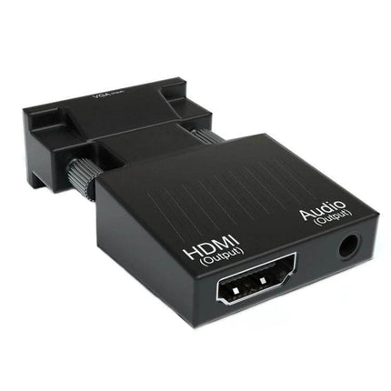 HDMI to VGA Adapter with Audio Cable for Video Conversion - compact black converter with HDMI output and audio jack, ideal for connecting laptops to VGA monitors