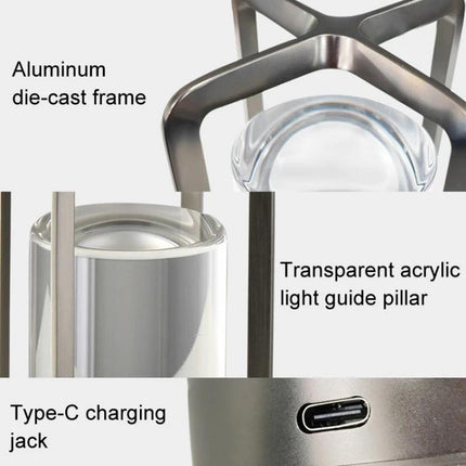 A Lamp That Lights Up Your Home and Camping Nights Easily - portable lamp with aluminum die-cast frame, transparent acrylic light guide pillar and Type-C charging jack