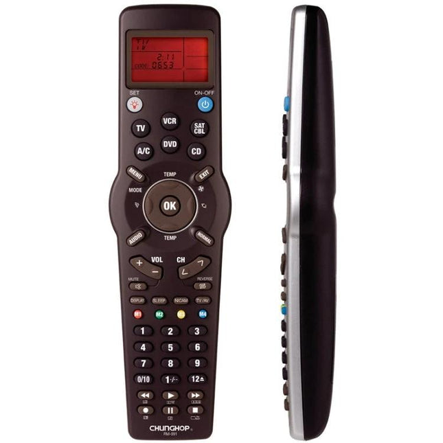 Chunghop 6-in-1 Universal Learning Remote Control for Devices showing front and side views with LCD screen and silicone keys