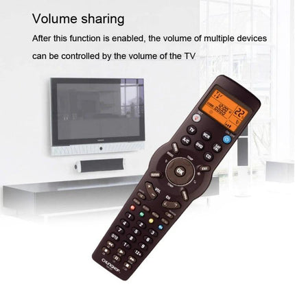 Chunghop 6-in-1 Universal Learning Remote Control for Devices angled view showing silicone keys and LCD in modern living room