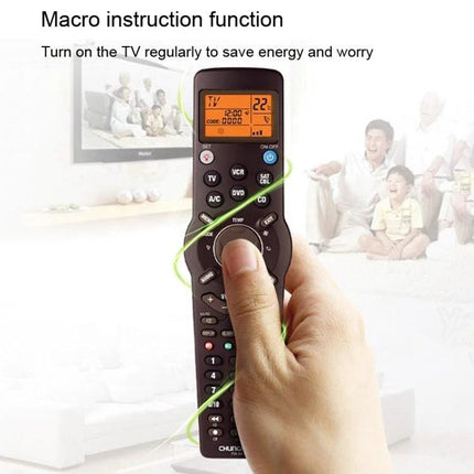 Chunghop 6-in-1 Universal Learning Remote Control for Devices handheld in living room demonstrating macro instruction function