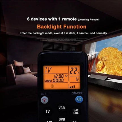 Chunghop 6-in-1 Universal Learning Remote Control for Devices with backlight display showing TV code and temperature