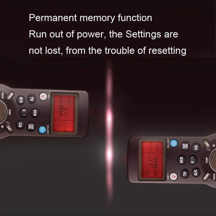 Chunghop 6-in-1 Universal Learning Remote Control for Devices showing dual remotes with red LCD screens and permanent memory function text