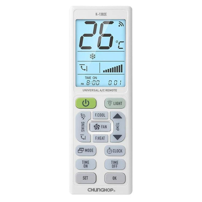 Chunghop Universal Air Conditioner Remote with Backlit Screen showing 26°C LCD, mode and fan buttons
