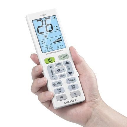 Chunghop Universal Air Conditioner Remote with Backlit Screen held in hand showing backlit display and control buttons