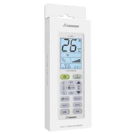 Chunghop Universal Air Conditioner Remote with Backlit Screen showing backlit display and buttons in packaging