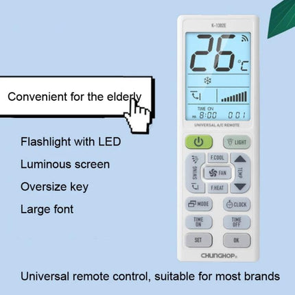 Chunghop Universal Air Conditioner Remote with Backlit Screen showing large backlit display and oversized buttons for easy use