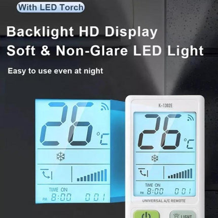 Chunghop Universal Air Conditioner Remote with Backlit Screen showing backlight HD display and temperature 26°C for easy night use