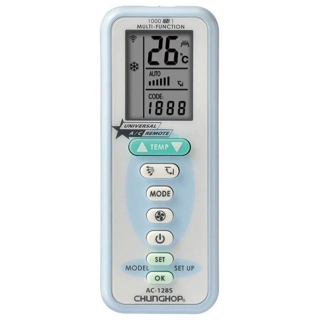CHUNGHOP Universal Remote Control for Home Air Conditioners in white with LCD display and mode/temp buttons