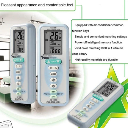 CHUNGHOP Universal Remote Control for Home Air Conditioners showing front display and buttons, ideal replacement for multiple AC brands