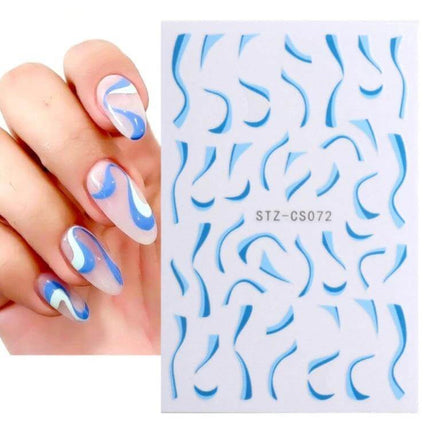 French Style Manicure Nail Sticker Set Pop Stripe Line For Home Use - blue wavy vinyl nail stickers applied on natural nails