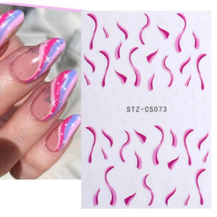French Style Manicure Nail Sticker Set Pop Stripe Line For Home Use showing pink wavy vinyl stripe stickers and applied salon-style French accents on nails