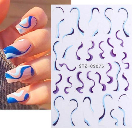 French Style Manicure Nail Sticker Set Pop Stripe Line For Home Use - blue and purple wavy vinyl nail stickers on natural nails
