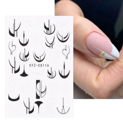 French Style Manicure Nail Sticker Set Pop Stripe Line For Home Use - black vinyl stripe decals shown on sheet and applied to pink & white French tip nail