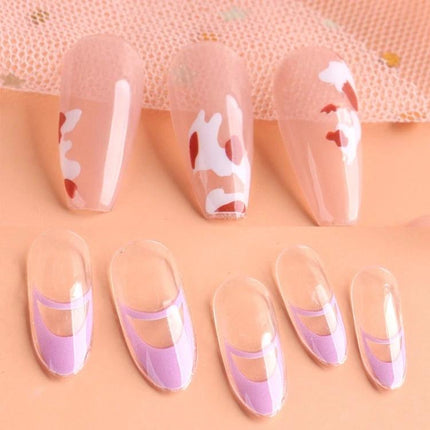 French Style Manicure Nail Sticker Set Pop Stripe Line For Home Use showing nude and purple stripe vinyl stickers on natural and artificial nails