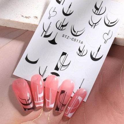 French Style Manicure Nail Sticker Set Pop Stripe Line For Home Use - pink nail tips with black and white vinyl stripe stickers for easy French accents