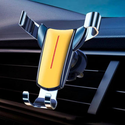 Air Outlet Gravity Sensor Car Phone Holder Black Easy Mount attached to car air vent, black body with yellow front and silicone pads
