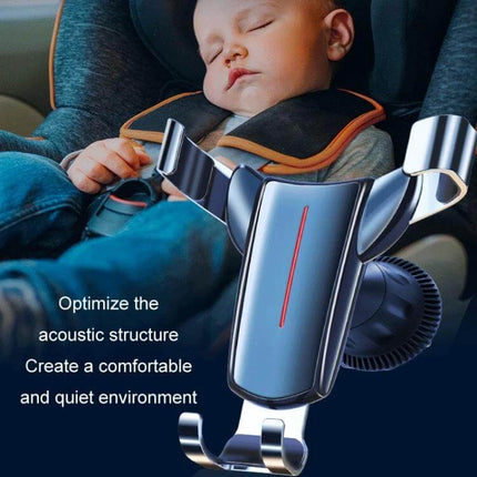 Air Outlet Gravity Sensor Car Phone Holder Black Easy Mount showing holder in front of sleeping child, ABS body with silicone pads, secure car vent mount