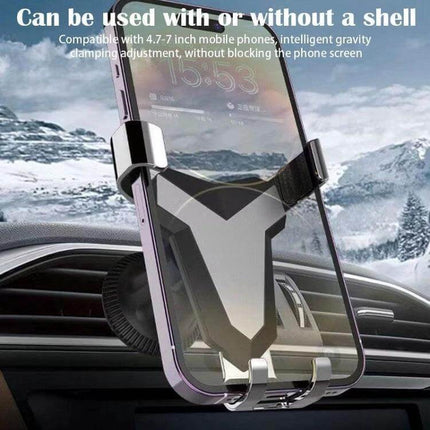Gravity Navigation Car Air Outlet Phone Holder 360-Degree Rotation mounted on car vent holding phone showing 360° swivel and secure automatic clamp