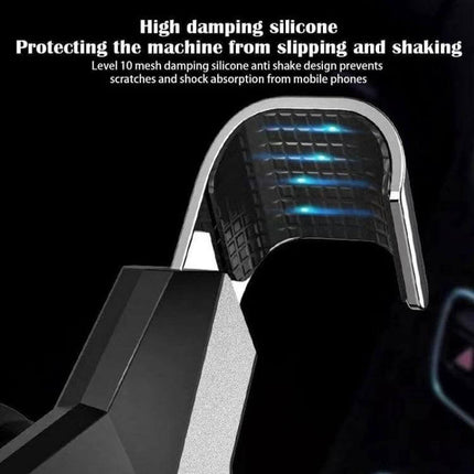 Gravity Navigation Car Air Outlet Phone Holder 360-Degree Rotation showing close-up of high damping silicone clamp protecting phone from slipping and shaking
