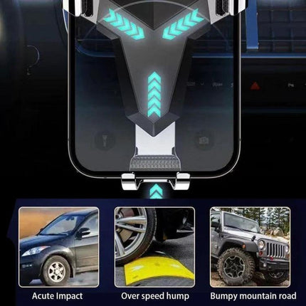 Gravity Navigation Car Air Outlet Phone Holder 360-Degree Rotation showing phone mounted on vent with glowing directional indicators and impact, speed hump, off-road icons