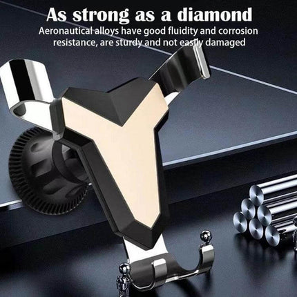 Gravity Navigation Car Air Outlet Phone Holder 360-Degree Rotation showing triangular metal automatic clamp mounted on car vent with frosted back panel