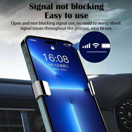 Gravity Navigation Car Air Outlet Phone Holder 360-Degree Rotation mounted on vent holding smartphone showing signal intact and 360° rotation