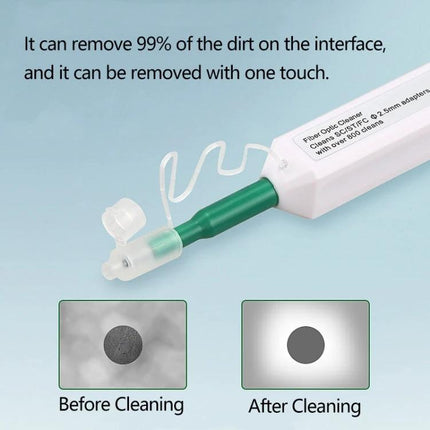 Handheld Fiber Optic Connector Cleaning Tool for Maintenance shown cleaning a connector tip with before and after images