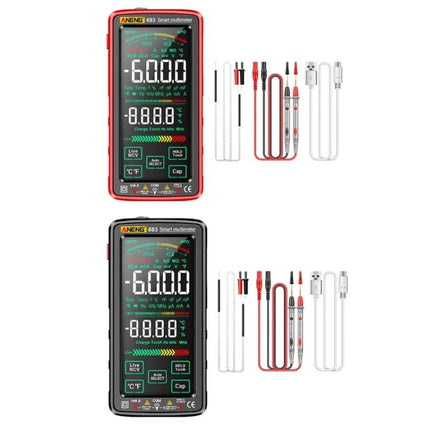 ANENG Rechargeable Multimeter for Everyday Electrical Testing showing red and black models with probes and USB charging cable