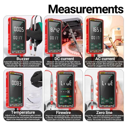 ANENG Rechargeable Multimeter for Everyday Electrical Testing showing measurements: buzzer, DC current, AC current, temperature, continuity, and zero line functions