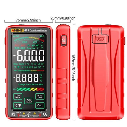 ANENG Rechargeable Multimeter for Everyday Electrical Testing - compact red smart multimeter showing display, side view, and USB back, dimensions labeled