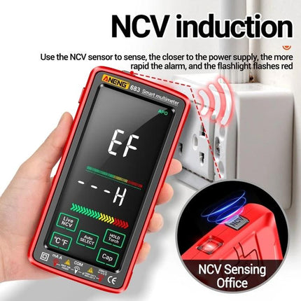 ANENG Rechargeable Multimeter for Everyday Electrical Testing - compact NCV induction multimeter held near wall outlet with digital display and flashlight