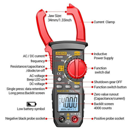 ANENG Clamp Meter for AC and DC Electrical Measurements - red-jaw digital clamp meter showing labelled functions and 4000-count backlit display