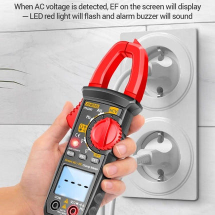ANENG Clamp Meter for AC and DC Electrical Measurements measuring outlet current with clamp jaw and digital display, safe non-contact testing